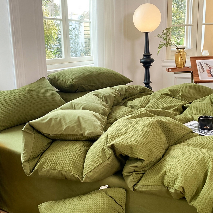 91家纺网 家纺一手货源 找家纺 眠博士2026新款简约时尚全棉华夫格四件套（提供买家秀）简约款 松绿