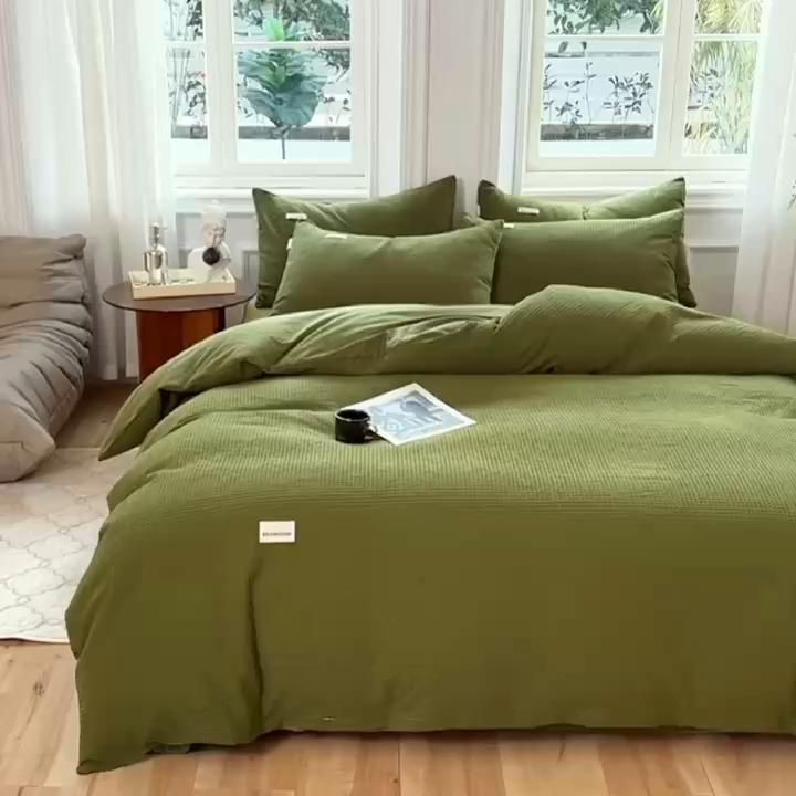 91家纺网 家纺一手货源 找家纺 眠博士2026新款简约时尚全棉华夫格四件套（提供买家秀）简约款 松绿