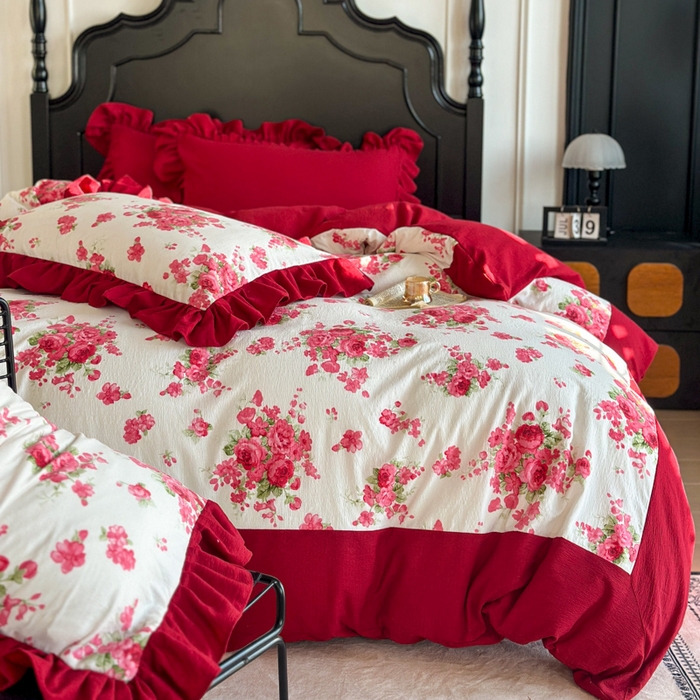 91家纺网 家纺一手货源 找家纺 （总）金盛皇朝家纺 2026新款仿棉皱皱纱双层纱木棉仿棉水洗棉喜庆浪漫大红四件套-锦绣系列