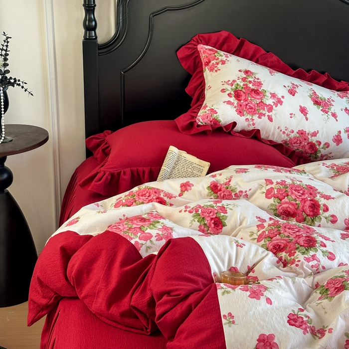 91家纺网 家纺一手货源 找家纺 （总）金盛皇朝家纺 2026新款仿棉皱皱纱双层纱木棉仿棉水洗棉喜庆浪漫大红四件套-锦绣系列