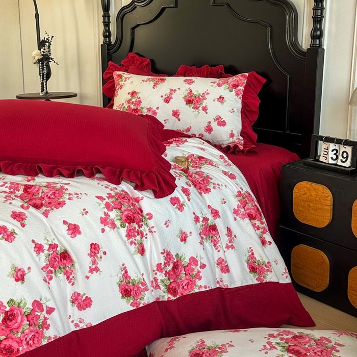 91家纺网 家纺一手货源 找家纺 （总）金盛皇朝家纺 2026新款仿棉皱皱纱双层纱木棉仿棉水洗棉喜庆浪漫大红四件套-锦绣系列