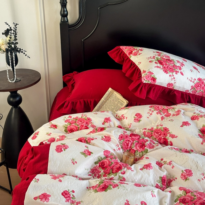 91家纺网 家纺一手货源 找家纺 （总）金盛皇朝家纺 2026新款仿棉皱皱纱双层纱木棉仿棉水洗棉喜庆浪漫大红四件套-锦绣系列