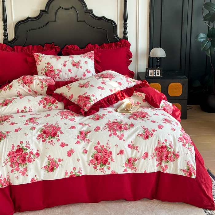 91家纺网 家纺一手货源 找家纺 （总）金盛皇朝家纺 2026新款仿棉皱皱纱双层纱木棉仿棉水洗棉喜庆浪漫大红四件套-锦绣系列