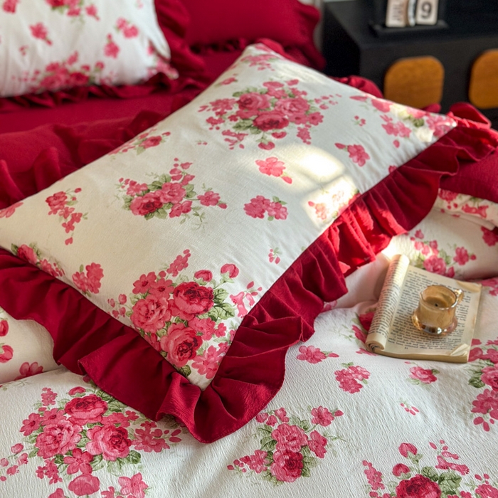 91家纺网 家纺一手货源 找家纺 （总）金盛皇朝家纺 2026新款仿棉皱皱纱双层纱木棉仿棉水洗棉喜庆浪漫大红四件套-锦绣系列