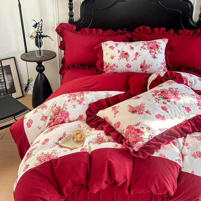 91家纺网 家纺一手货源 找家纺 （总）金盛皇朝家纺 2026新款仿棉皱皱纱双层纱木棉仿棉水洗棉喜庆浪漫大红四件套-锦绣系列