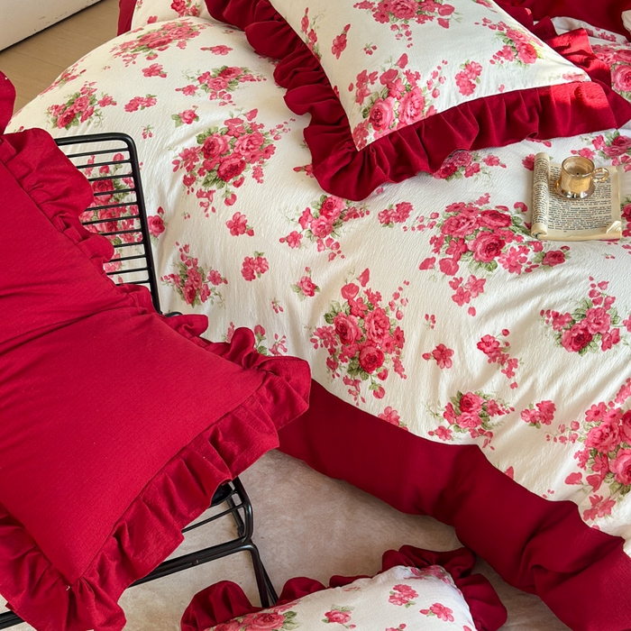 91家纺网 家纺一手货源 找家纺 （总）金盛皇朝家纺 2026新款仿棉皱皱纱双层纱木棉仿棉水洗棉喜庆浪漫大红四件套-锦绣系列