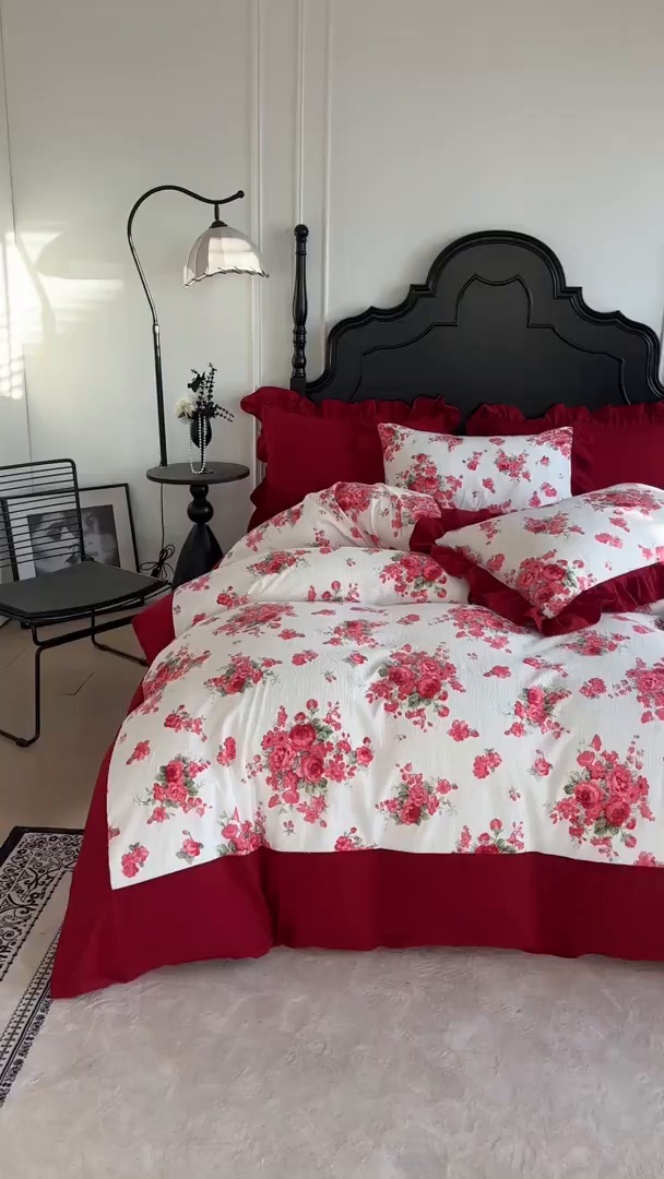 91家纺网 家纺一手货源 找家纺 （总）金盛皇朝家纺 2026新款仿棉皱皱纱双层纱木棉仿棉水洗棉喜庆浪漫大红四件套-锦绣系列