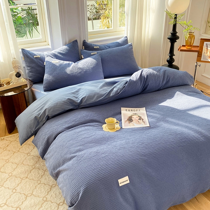 91家纺网 家纺一手货源 找家纺 眠博士2026新款简约时尚全棉华夫格四件套（提供买家秀）简约款 天蓝