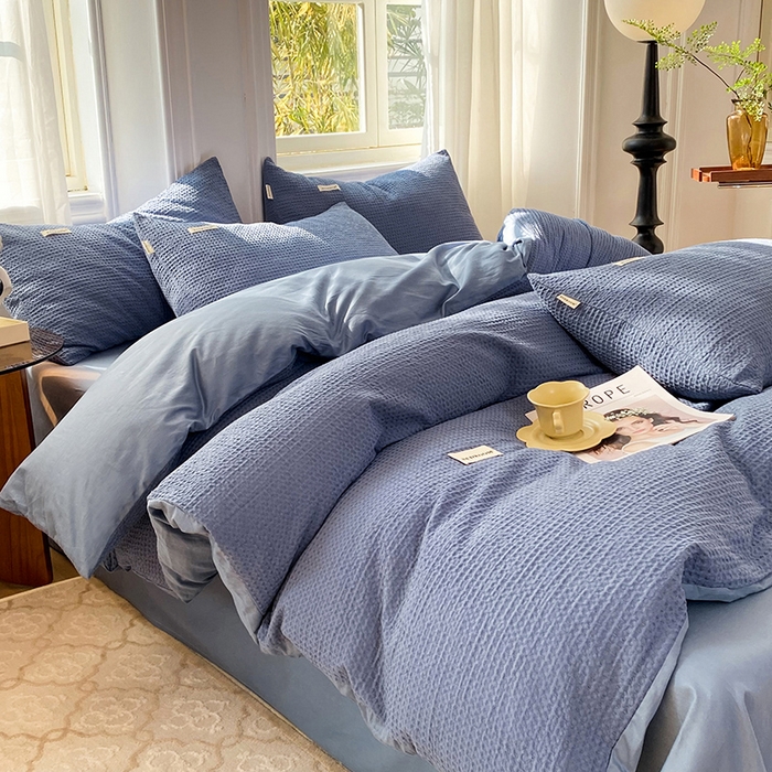 91家纺网 家纺一手货源 找家纺 眠博士2026新款简约时尚全棉华夫格四件套（提供买家秀）简约款 天蓝