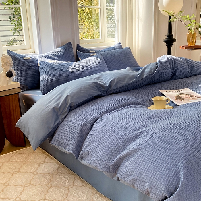 91家纺网 家纺一手货源 找家纺 眠博士2026新款简约时尚全棉华夫格四件套（提供买家秀）简约款 天蓝