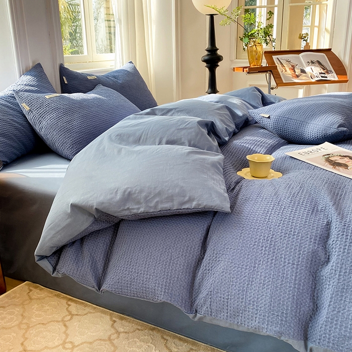 91家纺网 家纺一手货源 找家纺 眠博士2026新款简约时尚全棉华夫格四件套（提供买家秀）简约款 天蓝