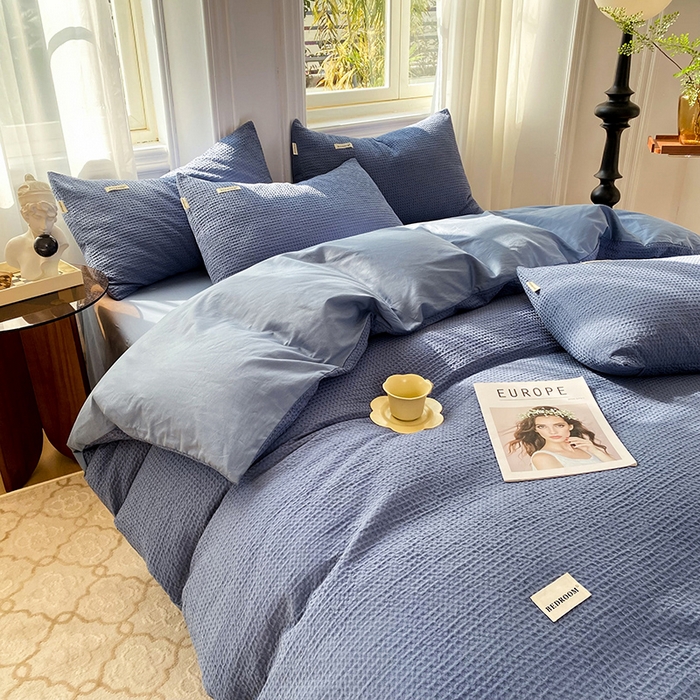 91家纺网 家纺一手货源 找家纺 眠博士2026新款简约时尚全棉华夫格四件套（提供买家秀）简约款 天蓝