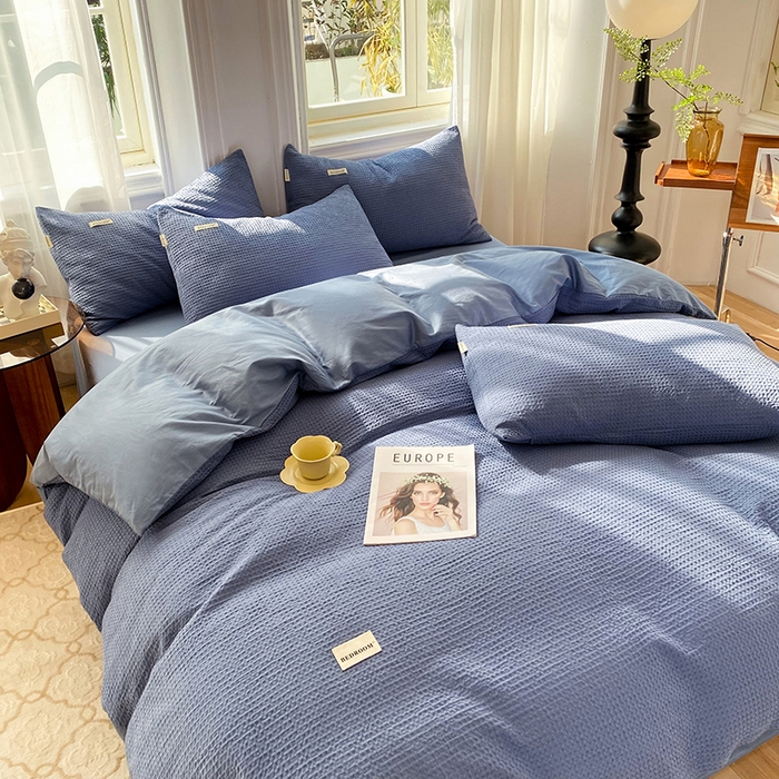 91家纺网 家纺一手货源 找家纺 眠博士2026新款简约时尚全棉华夫格四件套（提供买家秀）简约款 天蓝