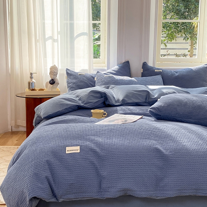 91家纺网 家纺一手货源 找家纺 眠博士2026新款简约时尚全棉华夫格四件套（提供买家秀）简约款 天蓝