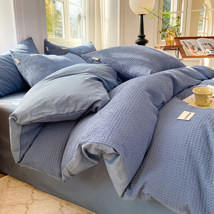 91家纺网 家纺一手货源 找家纺 眠博士2026新款简约时尚全棉华夫格四件套（提供买家秀）简约款 天蓝
