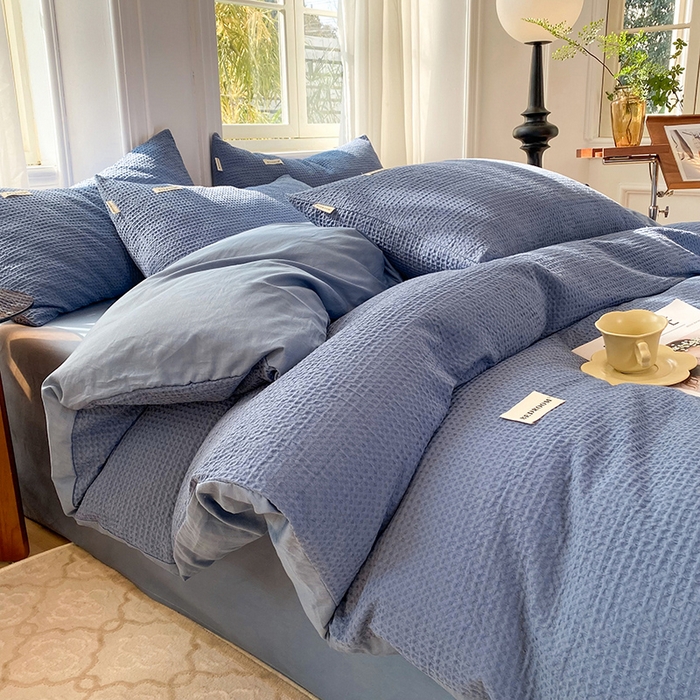 91家纺网 家纺一手货源 找家纺 眠博士2026新款简约时尚全棉华夫格四件套（提供买家秀）简约款 天蓝
