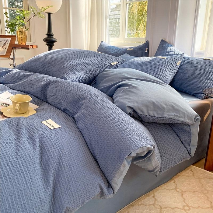 91家纺网 家纺一手货源 找家纺 眠博士2026新款简约时尚全棉华夫格四件套（提供买家秀）简约款 天蓝