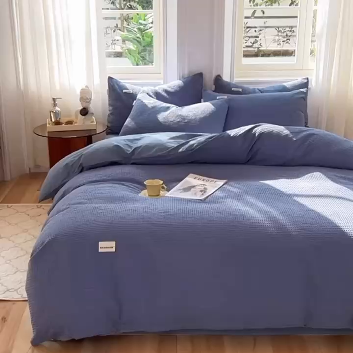 91家纺网 家纺一手货源 找家纺 眠博士2026新款简约时尚全棉华夫格四件套（提供买家秀）简约款 天蓝