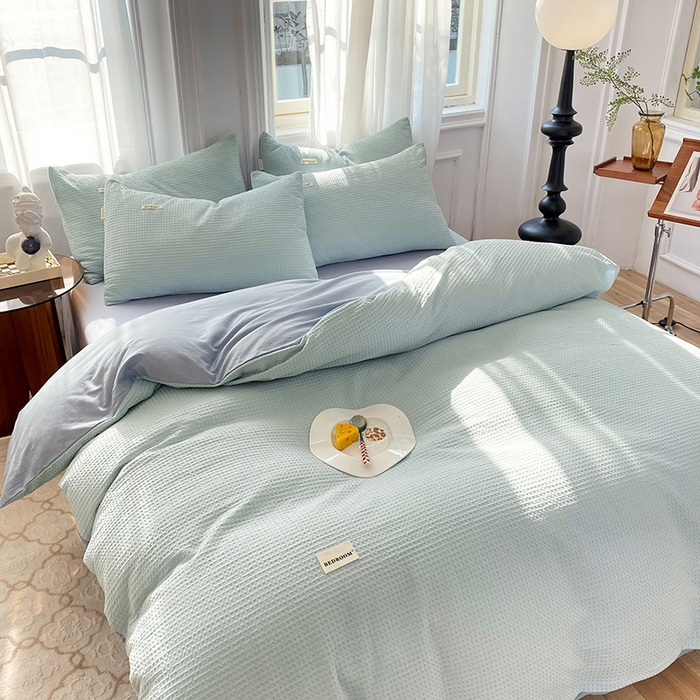 91家纺网 家纺一手货源 找家纺 眠博士2026新款简约时尚全棉华夫格四件套（提供买家秀）简约款 雾蓝色