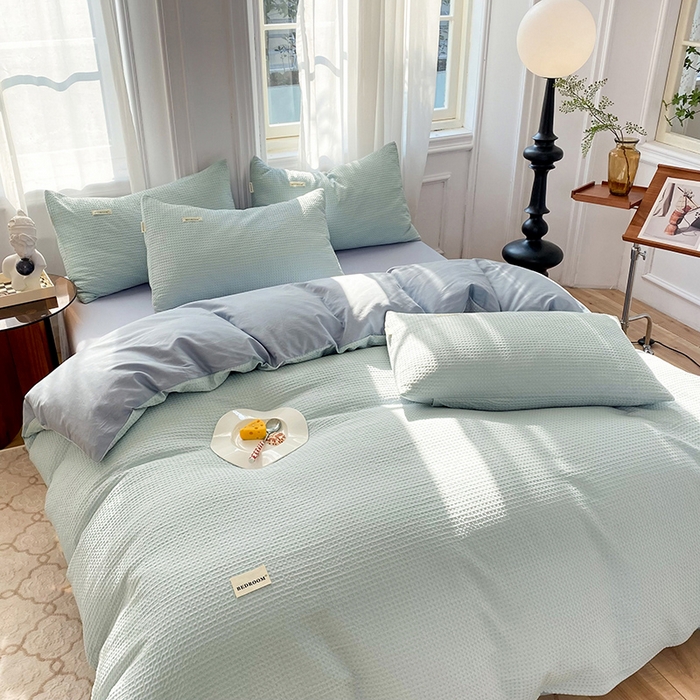 91家纺网 家纺一手货源 找家纺 眠博士2026新款简约时尚全棉华夫格四件套（提供买家秀）简约款 雾蓝色