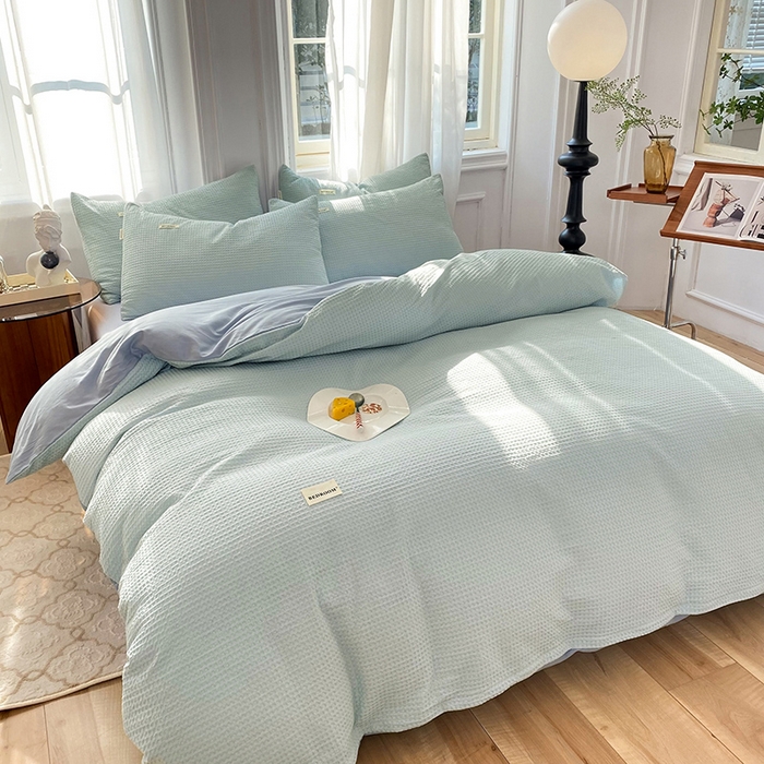 91家纺网 家纺一手货源 找家纺 眠博士2026新款简约时尚全棉华夫格四件套（提供买家秀）简约款 雾蓝色