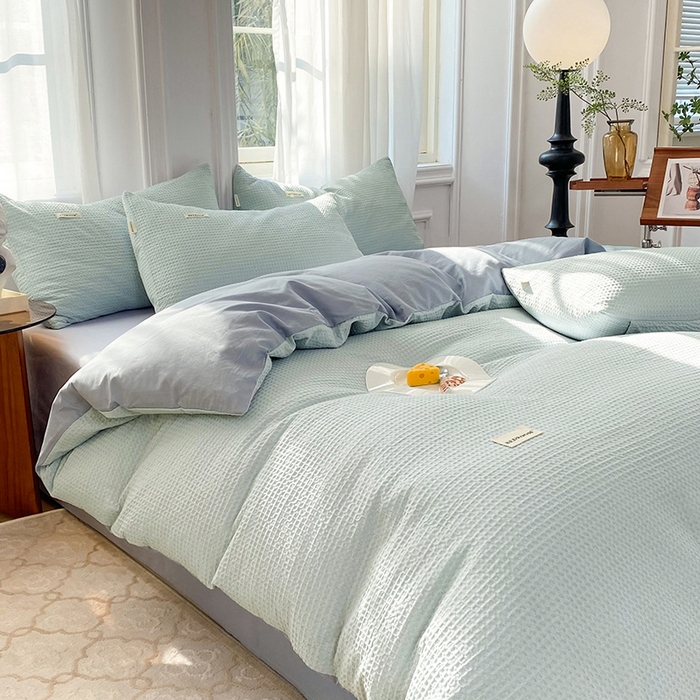 91家纺网 家纺一手货源 找家纺 眠博士2026新款简约时尚全棉华夫格四件套（提供买家秀）简约款 雾蓝色