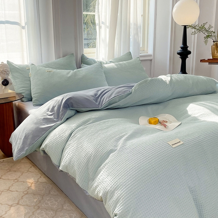 91家纺网 家纺一手货源 找家纺 眠博士2026新款简约时尚全棉华夫格四件套（提供买家秀）简约款 雾蓝色