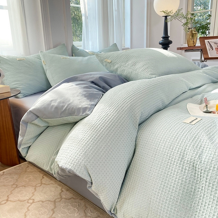 91家纺网 家纺一手货源 找家纺 眠博士2026新款简约时尚全棉华夫格四件套（提供买家秀）简约款 雾蓝色