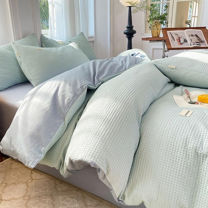 91家纺网 家纺一手货源 找家纺 眠博士2026新款简约时尚全棉华夫格四件套（提供买家秀）简约款 雾蓝色