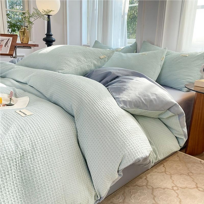 91家纺网 家纺一手货源 找家纺 眠博士2026新款简约时尚全棉华夫格四件套（提供买家秀）简约款 雾蓝色