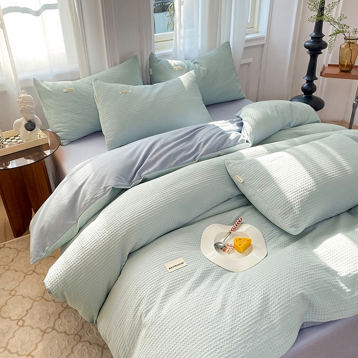 91家纺网 家纺一手货源 找家纺 眠博士2026新款简约时尚全棉华夫格四件套（提供买家秀）简约款 雾蓝色