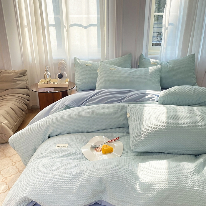 91家纺网 家纺一手货源 找家纺 眠博士2026新款简约时尚全棉华夫格四件套（提供买家秀）简约款 雾蓝色