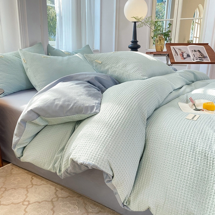 91家纺网 家纺一手货源 找家纺 眠博士2026新款简约时尚全棉华夫格四件套（提供买家秀）简约款 雾蓝色