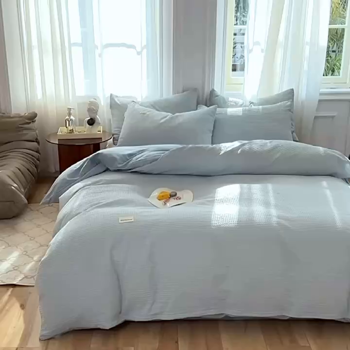 91家纺网 家纺一手货源 找家纺 眠博士2026新款简约时尚全棉华夫格四件套（提供买家秀）简约款 雾蓝色