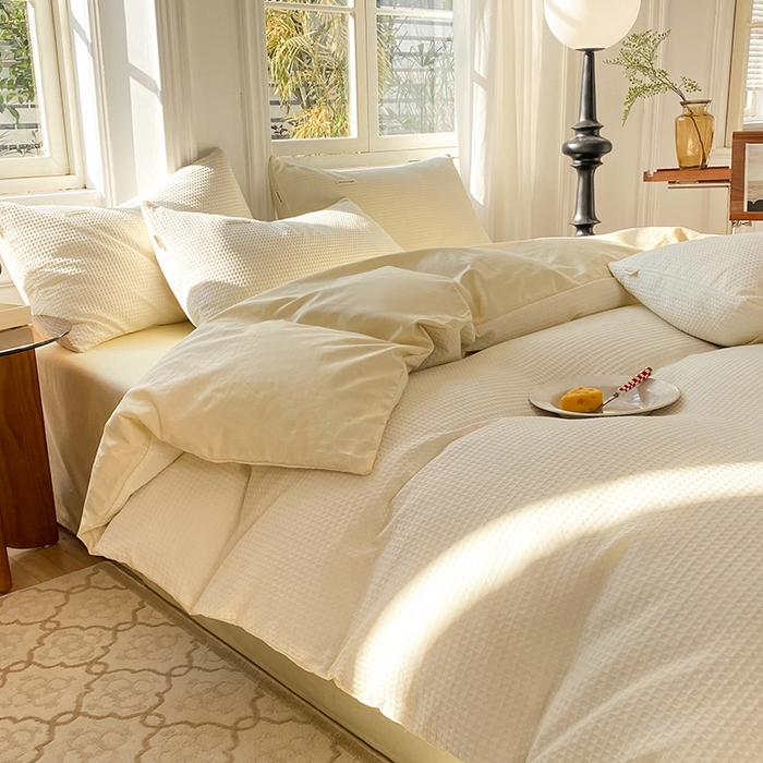 91家纺网 家纺一手货源 找家纺 眠博士2026新款简约时尚全棉华夫格四件套（提供买家秀）简约款 珍珠白