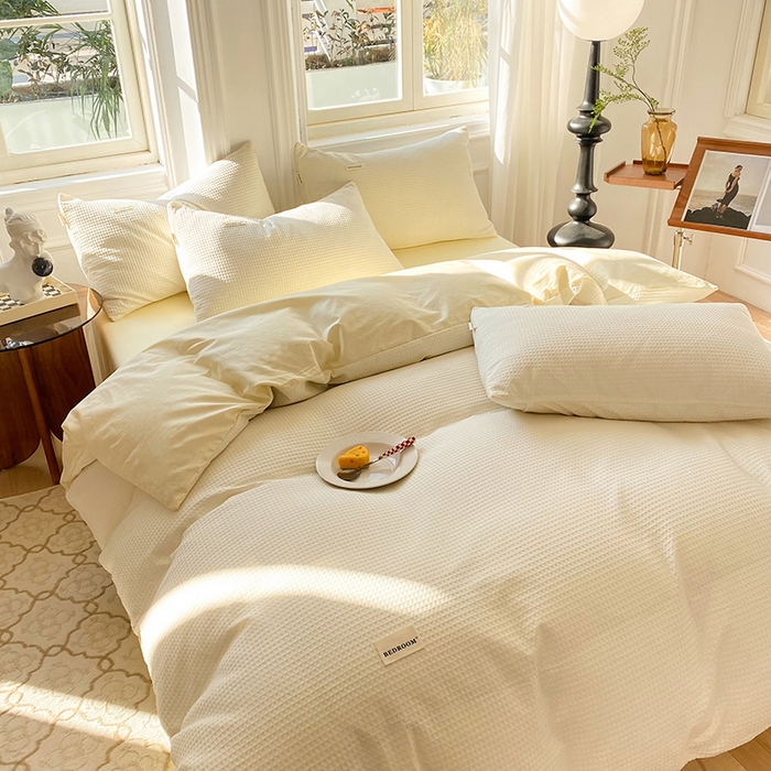 91家纺网 家纺一手货源 找家纺 眠博士2026新款简约时尚全棉华夫格四件套（提供买家秀）简约款 珍珠白