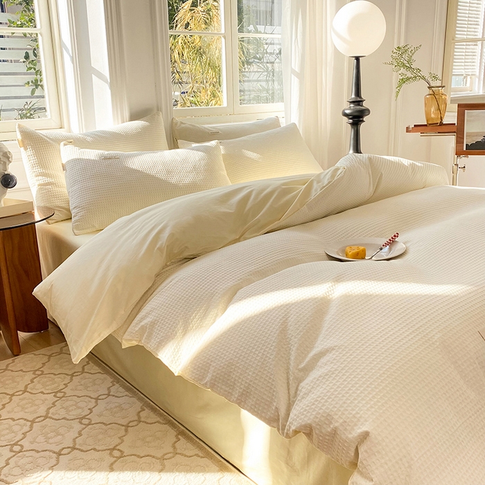 91家纺网 家纺一手货源 找家纺 眠博士2026新款简约时尚全棉华夫格四件套（提供买家秀）简约款 珍珠白