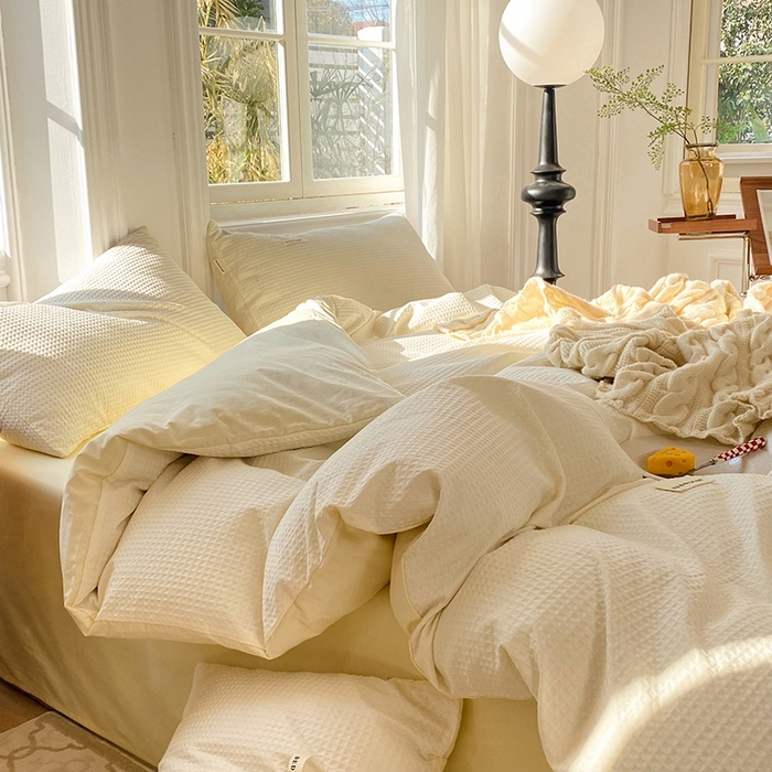 91家纺网 家纺一手货源 找家纺 眠博士2026新款简约时尚全棉华夫格四件套（提供买家秀）简约款 珍珠白