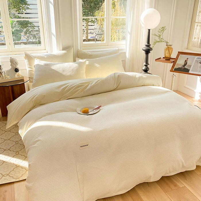 91家纺网 家纺一手货源 找家纺 眠博士2026新款简约时尚全棉华夫格四件套（提供买家秀）简约款 珍珠白