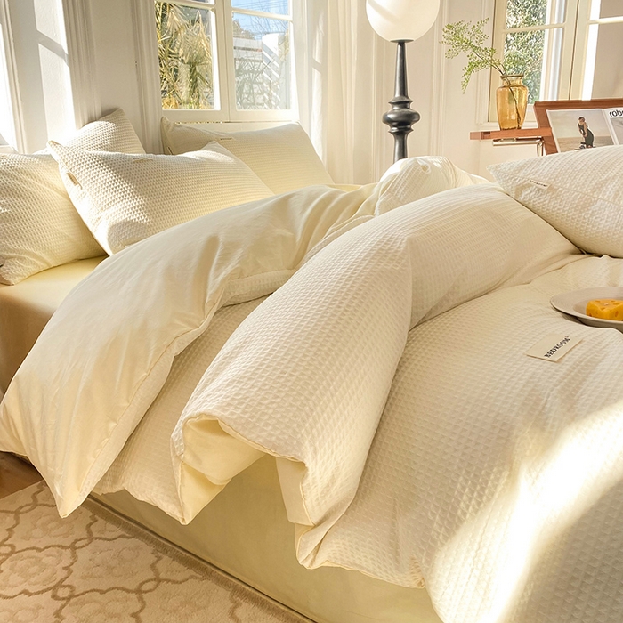 91家纺网 家纺一手货源 找家纺 眠博士2026新款简约时尚全棉华夫格四件套（提供买家秀）简约款 珍珠白