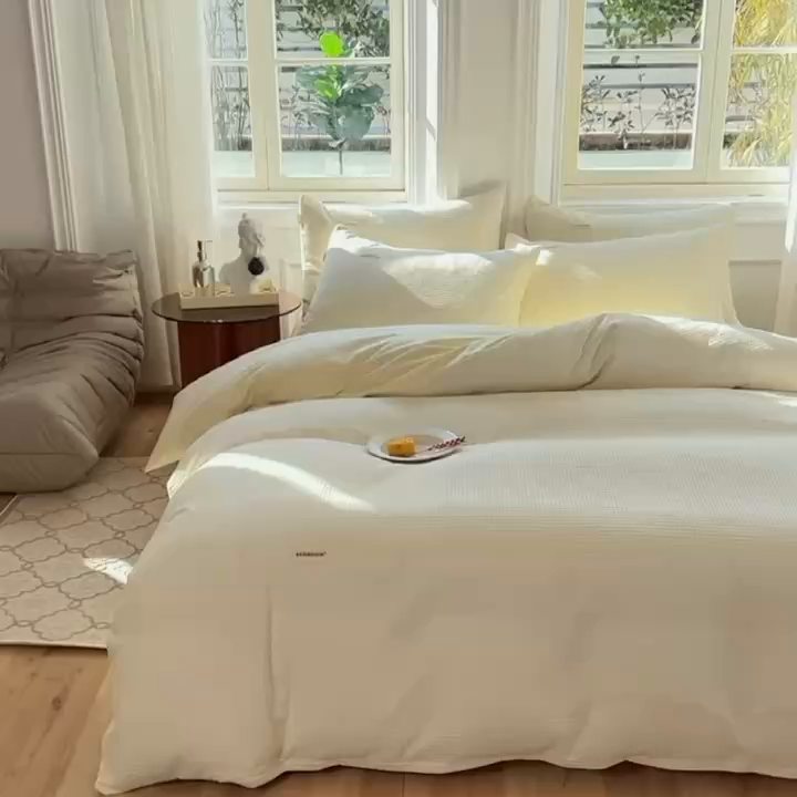 91家纺网 家纺一手货源 找家纺 眠博士2026新款简约时尚全棉华夫格四件套（提供买家秀）简约款 珍珠白