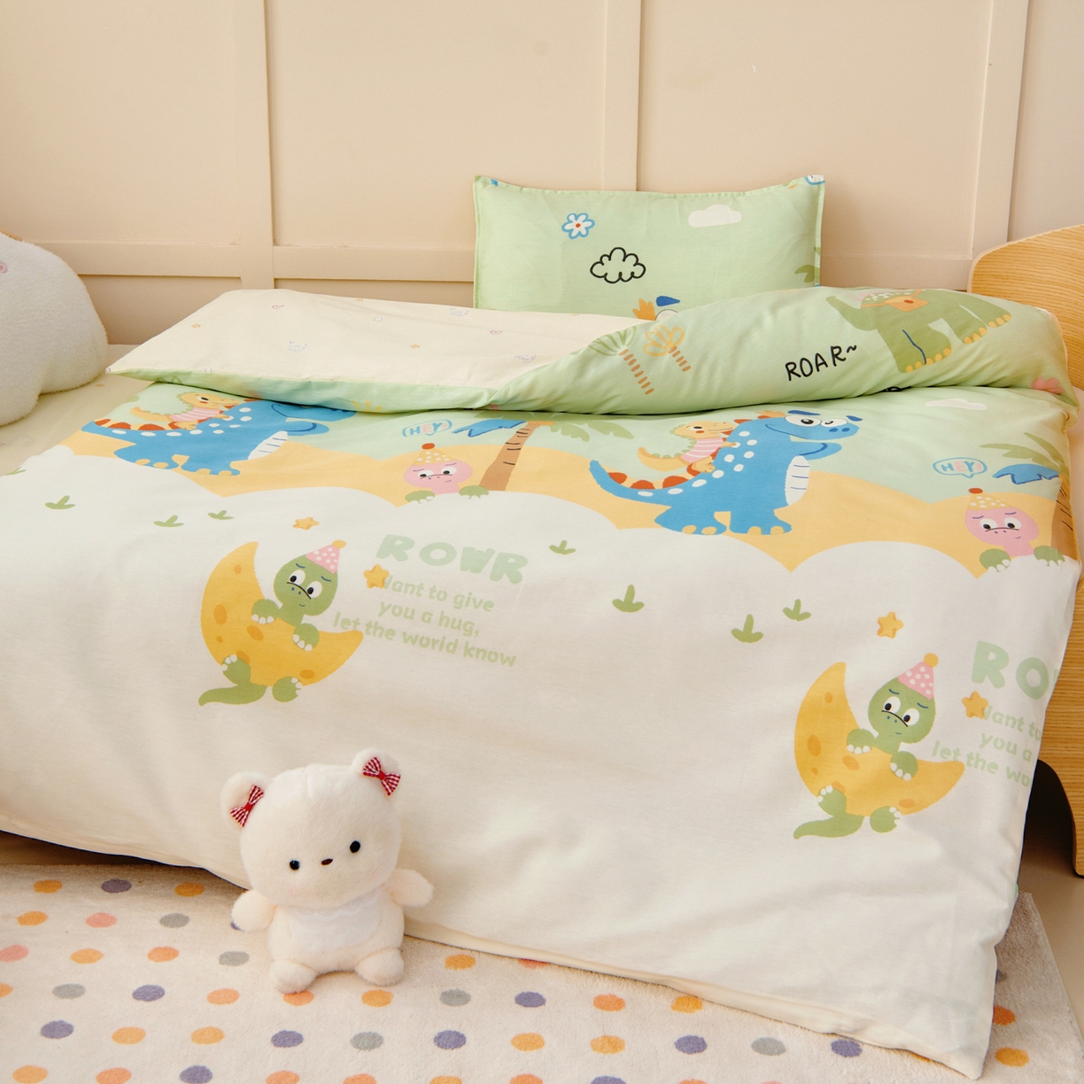 91家纺网 家纺一手货源 找家纺 鱼宝 2026新款全棉纯棉幼儿园套件-星愿系列 度假恐龙