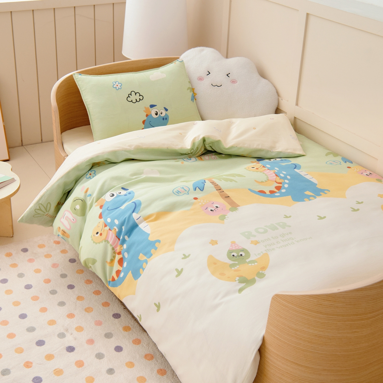 91家纺网 家纺一手货源 找家纺 鱼宝 2026新款全棉纯棉幼儿园套件-星愿系列 度假恐龙