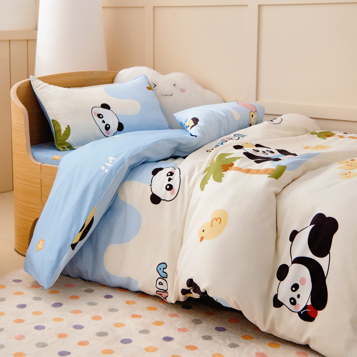 91家纺网 家纺一手货源 找家纺 鱼宝 2026新款全棉纯棉幼儿园套件-星愿系列 森林熊猫蓝