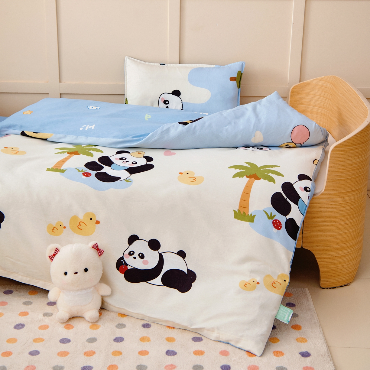91家纺网 家纺一手货源 找家纺 鱼宝 2026新款全棉纯棉幼儿园套件-星愿系列 森林熊猫蓝