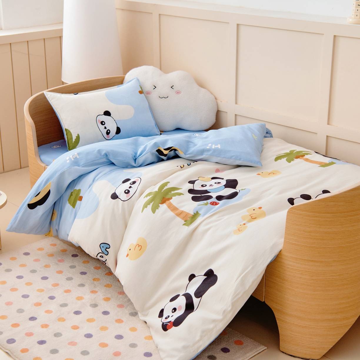 91家纺网 家纺一手货源 找家纺 鱼宝 2026新款全棉纯棉幼儿园套件-星愿系列 森林熊猫蓝