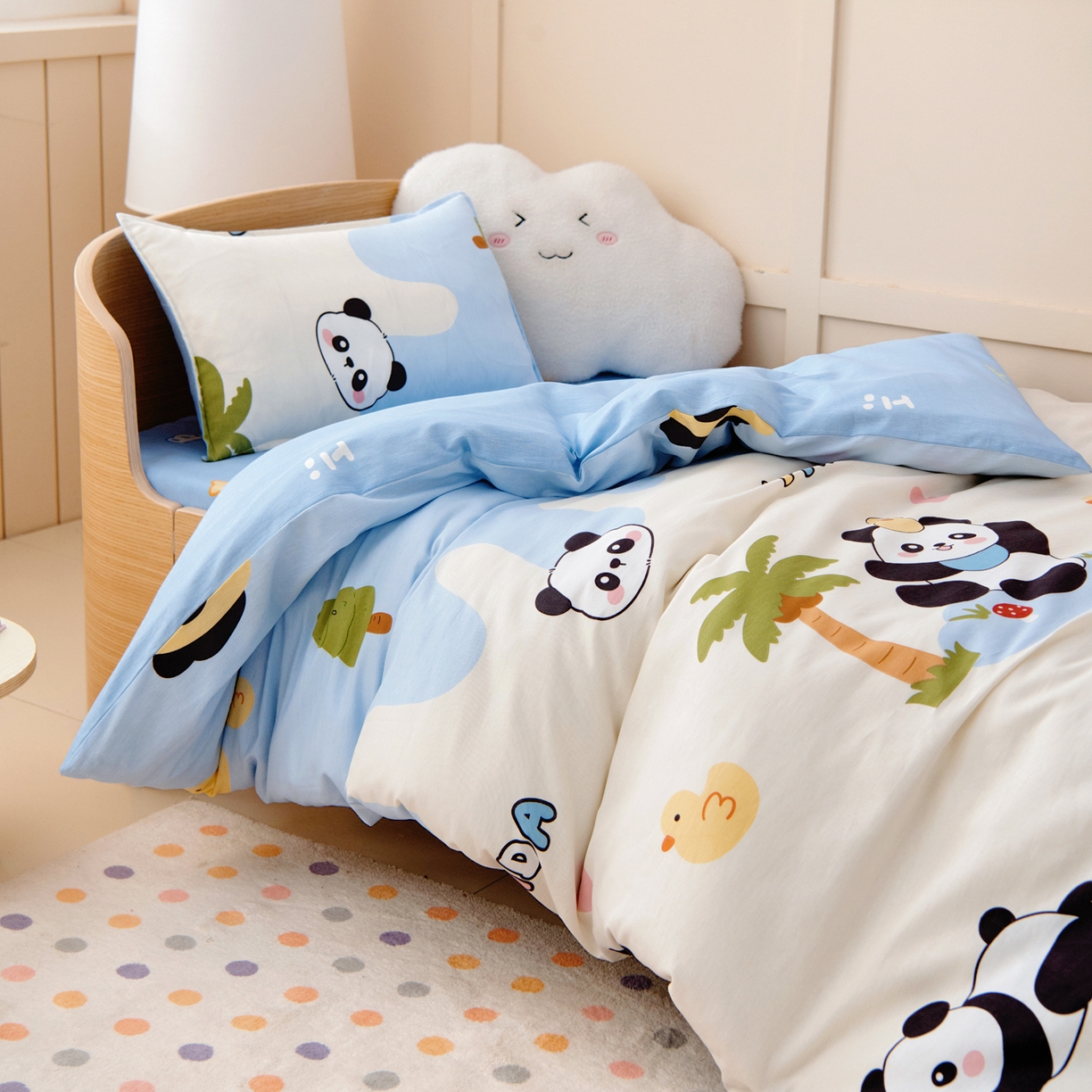 91家纺网 家纺一手货源 找家纺 鱼宝 2026新款全棉纯棉幼儿园套件-星愿系列 森林熊猫蓝