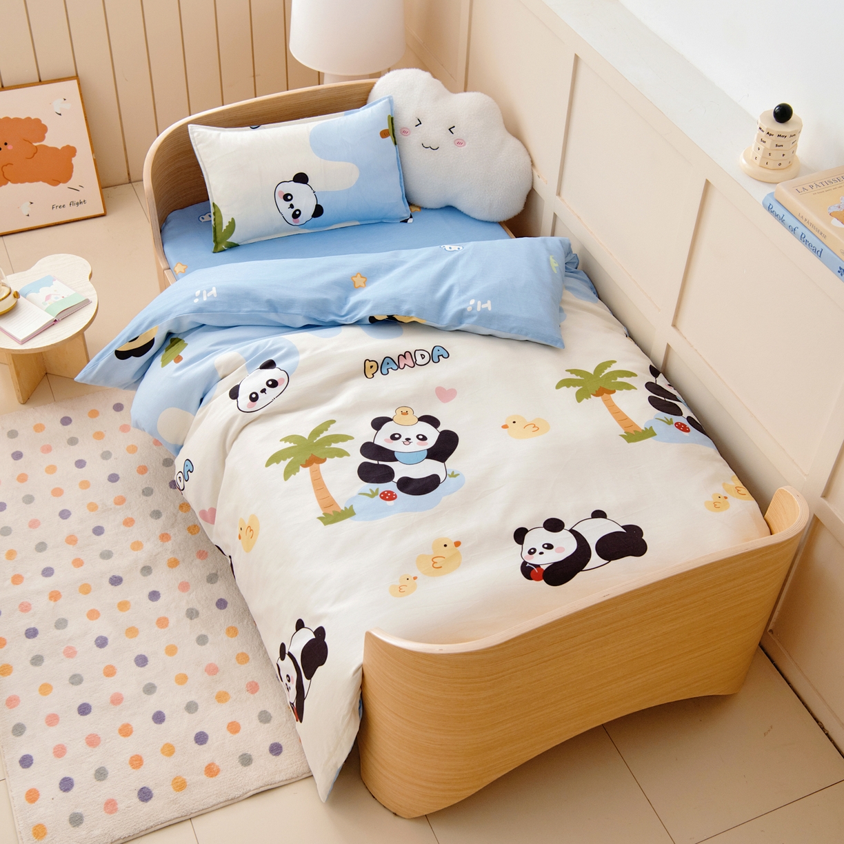 91家纺网 家纺一手货源 找家纺 鱼宝 2026新款全棉纯棉幼儿园套件-星愿系列 森林熊猫蓝