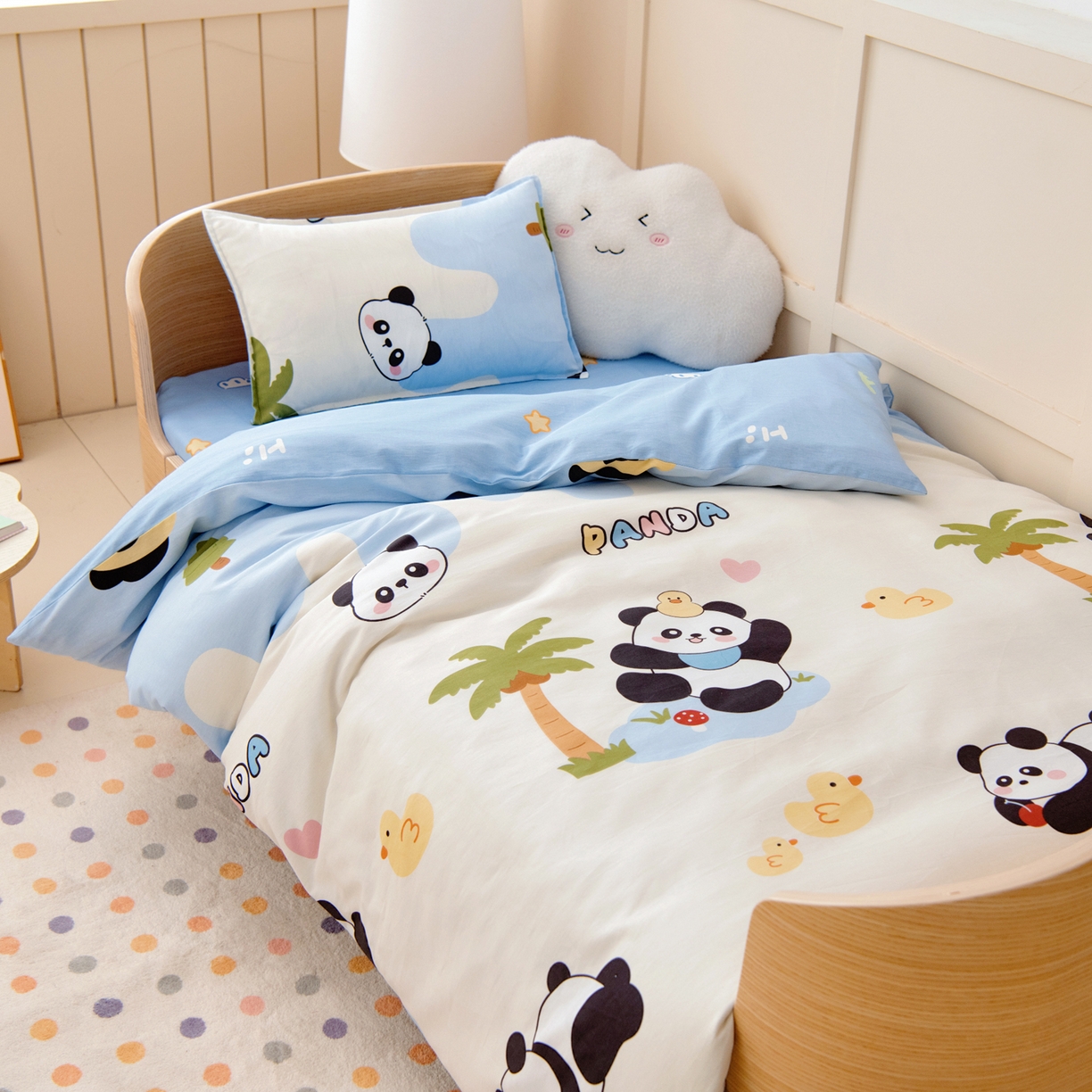 91家纺网 家纺一手货源 找家纺 鱼宝 2026新款全棉纯棉幼儿园套件-星愿系列 森林熊猫蓝