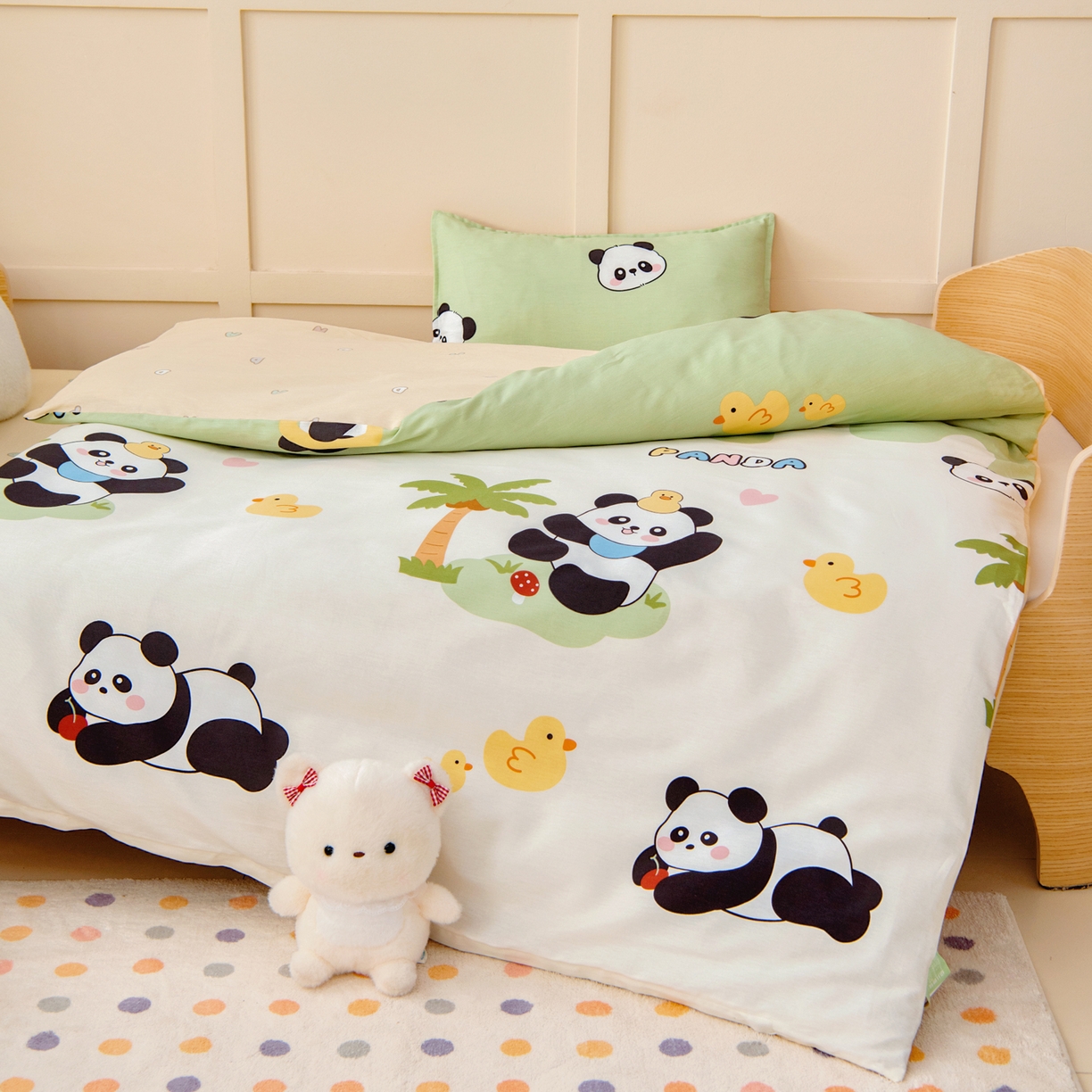 91家纺网 家纺一手货源 找家纺 鱼宝 2026新款全棉纯棉幼儿园套件-星愿系列 森林熊猫绿